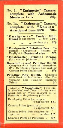 Advert for Ensignette No 1 cameras