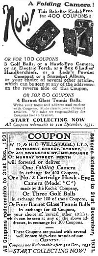 Wills cigarette coupon showing No 2 Hawkette camera